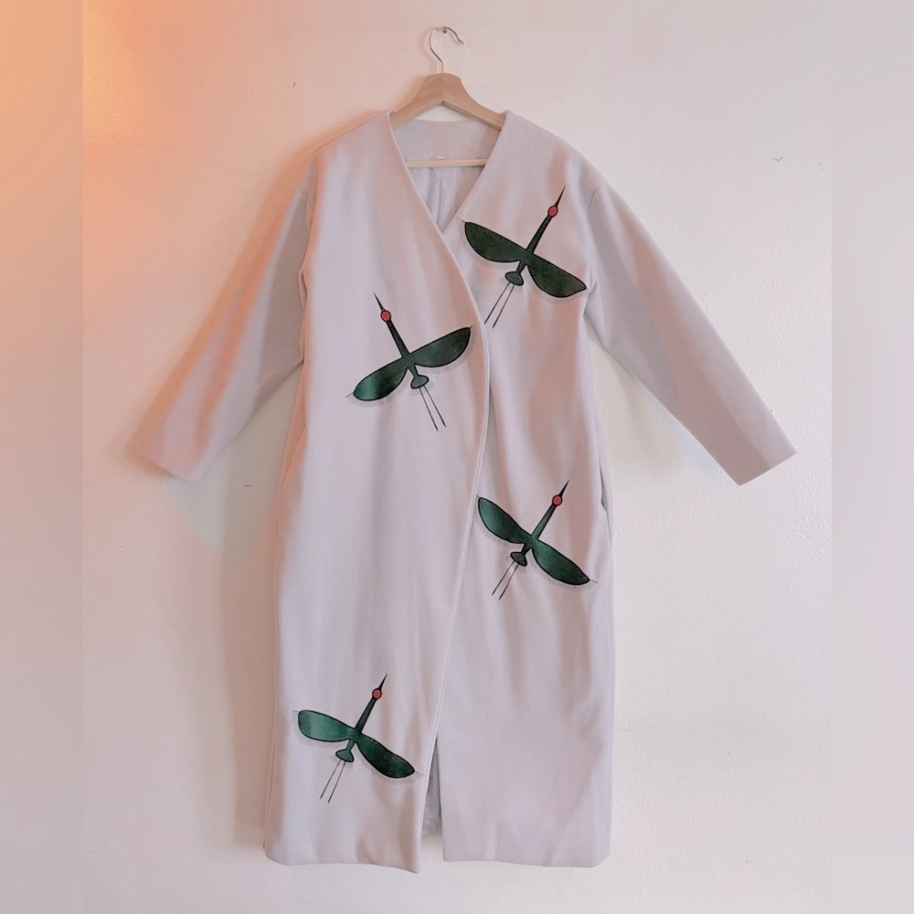 🍁50% Off Rdy 4 Fall Sale Long Baby Blue Felt Coat w/ Crane Embroidery